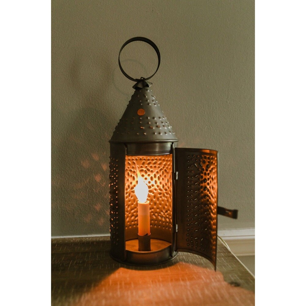 Vintage Perforated Metal Candle Lantern Rustic Table Lamp